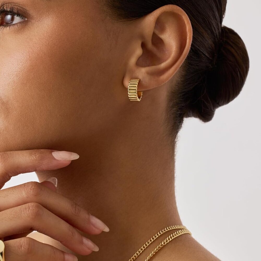 14K Gold Plated Bold Statement Hoop Earrings for Women - Trendy Boho Ribbed Croi - Picture 4 of 5